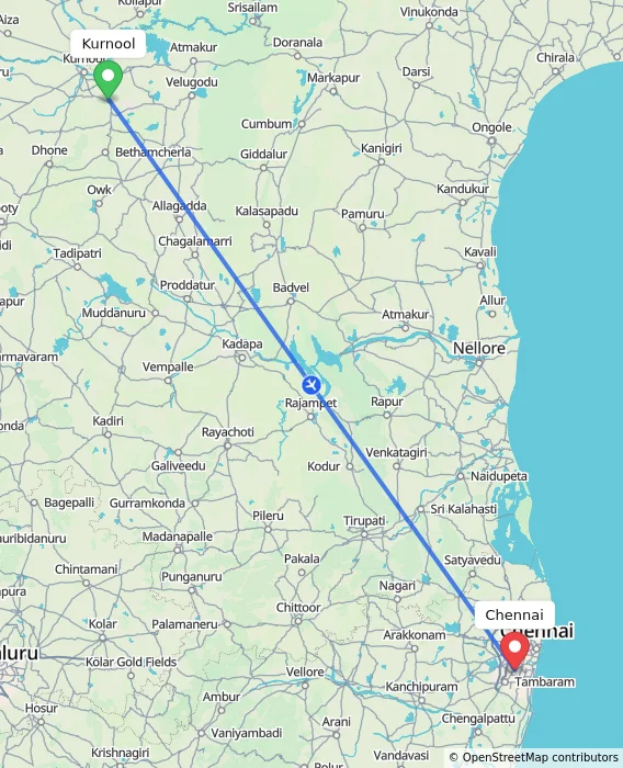Route map showing distance and travel time from Kurnool, India to Chennai, India