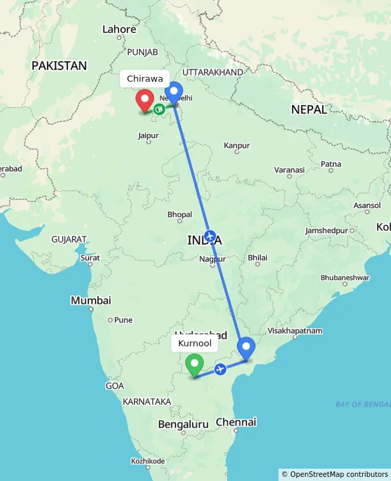 Route map showing distance and travel time from Kurnool, India to Chirawa, India