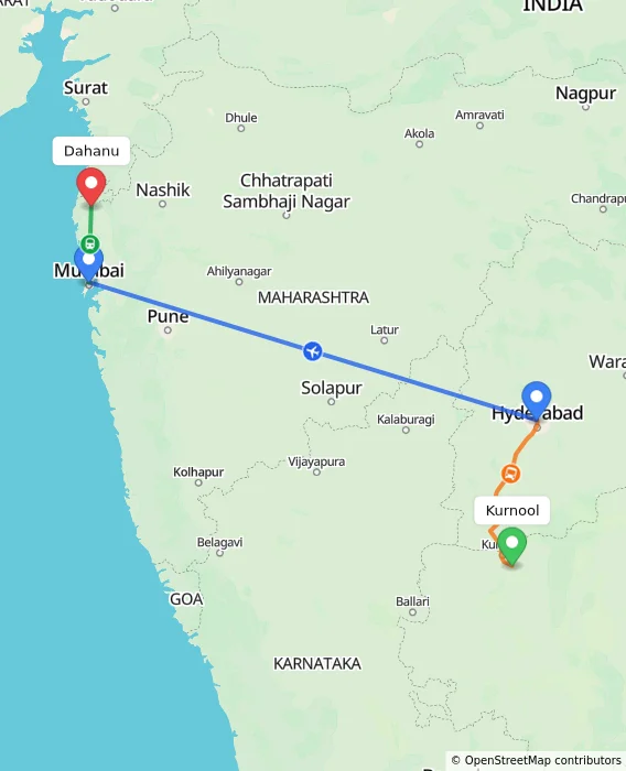 Route map showing distance and travel time from Kurnool, India to Dahanu, India