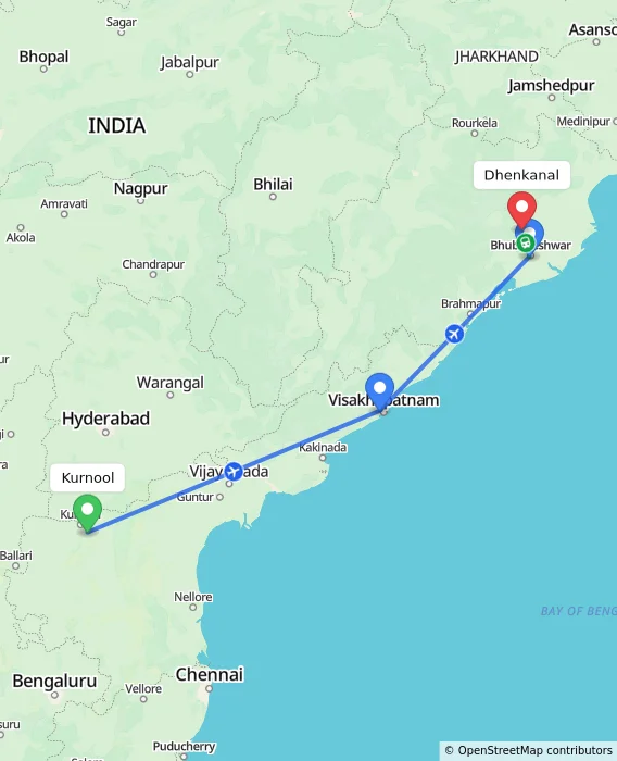 Route map showing distance and travel time from Kurnool, India to Dhenkanal, India