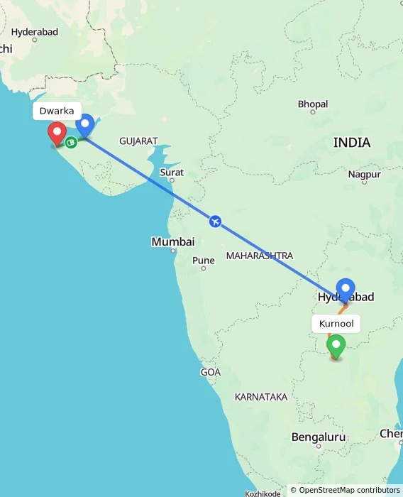 Route map showing distance and travel time from Kurnool, India to Dwarka, India