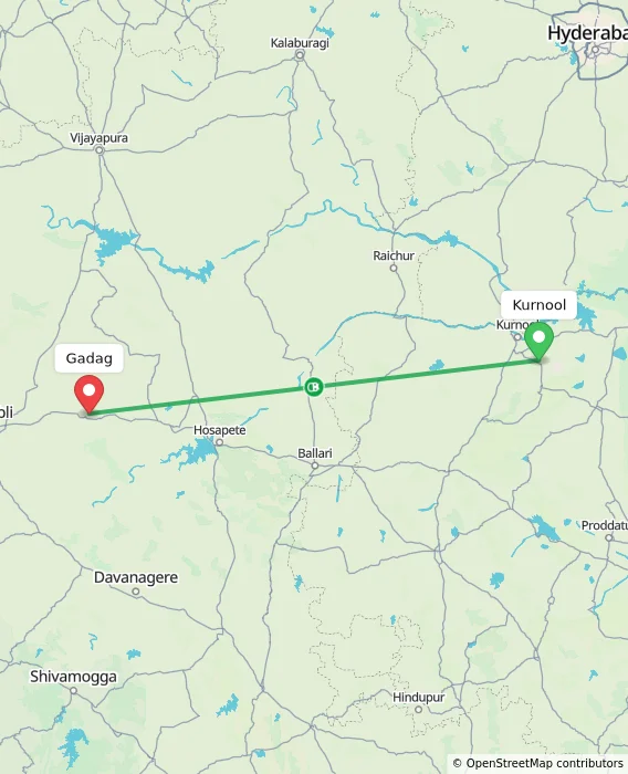 Route map showing distance and travel time from Kurnool, India to Gadag, India