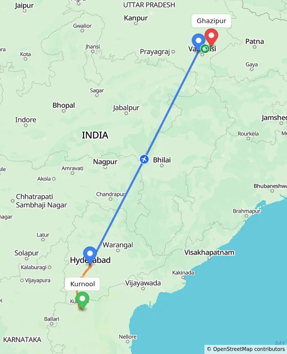 Route map showing distance and travel time from Kurnool, India to Ghazipur, India