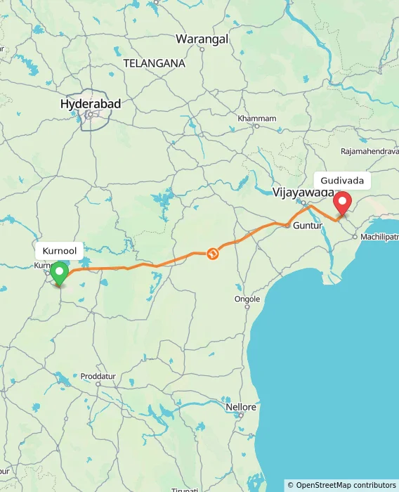 Route map showing distance and travel time from Kurnool, India to Gudivada, India