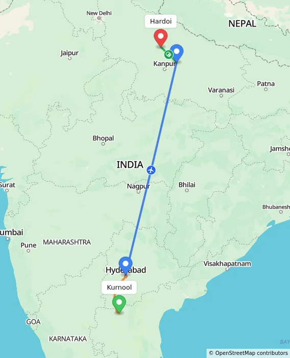 Route map showing distance and travel time from Kurnool, India to Hardoi, India