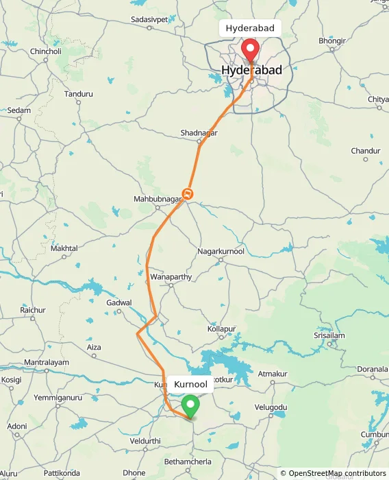 Route map showing distance and travel time from Kurnool, India to Hyderabad, India