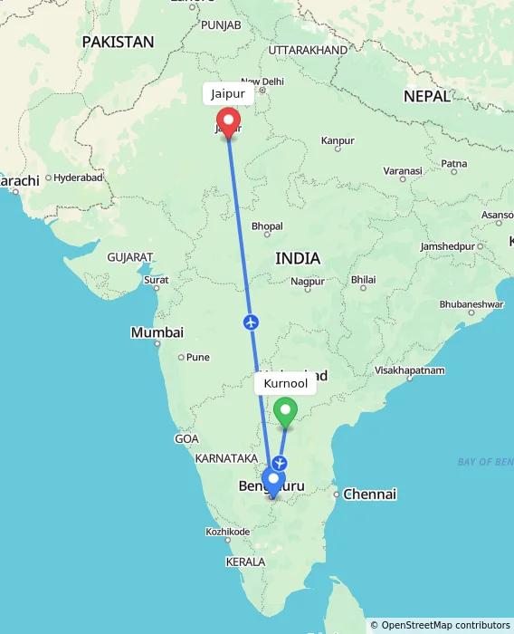 Route map showing distance and travel time from Kurnool, India to Jaipur, India