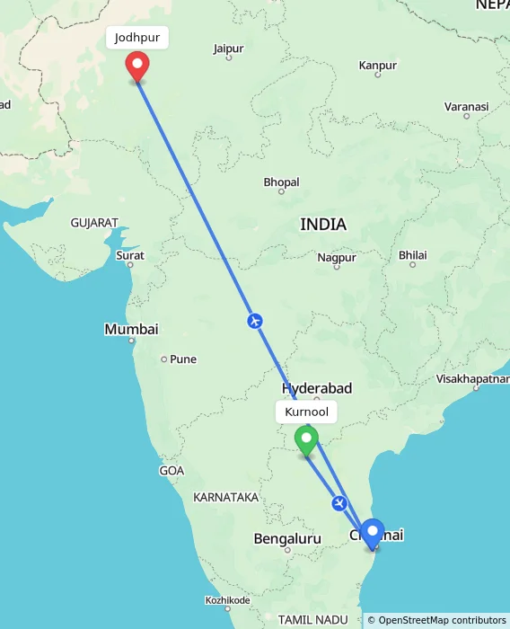 Route map showing distance and travel time from Kurnool, India to Jodhpur, India