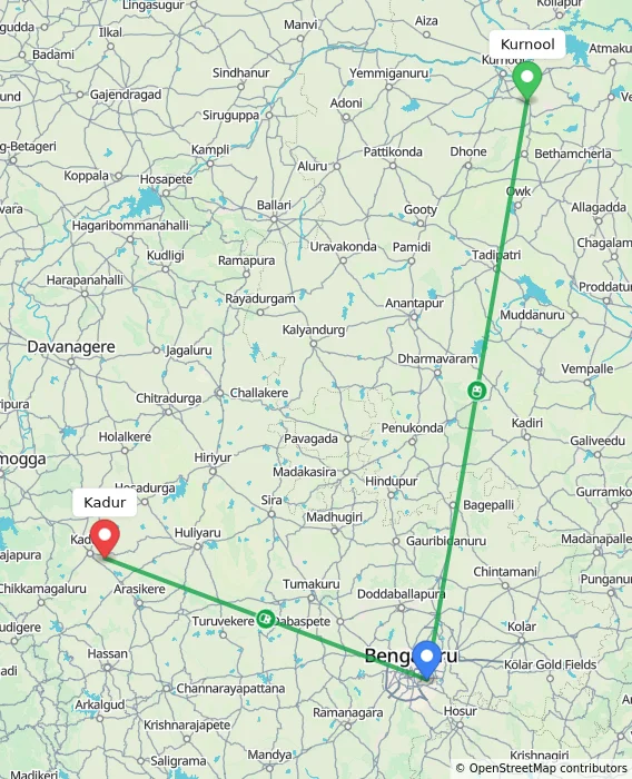 Route map showing distance and travel time from Kurnool, India to Kadur, India