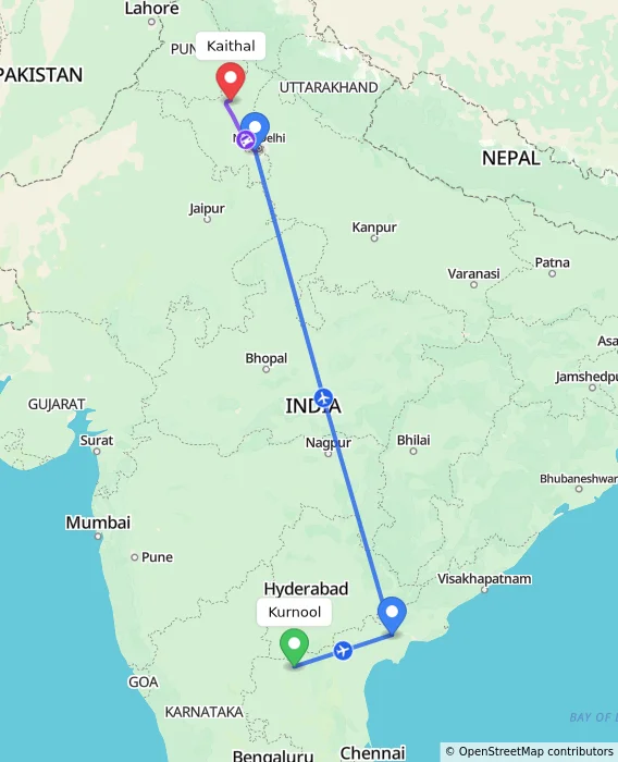 Route map showing distance and travel time from Kurnool, India to Kaithal, India