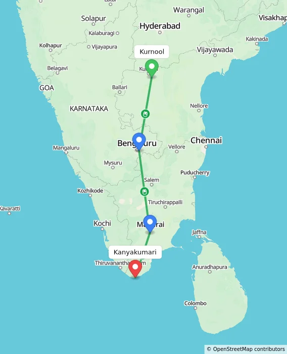 Route map showing distance and travel time from Kurnool, India to Kanyakumari, India