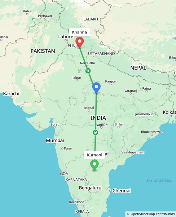 Route map showing distance and travel time from Kurnool, India to Khanna, India