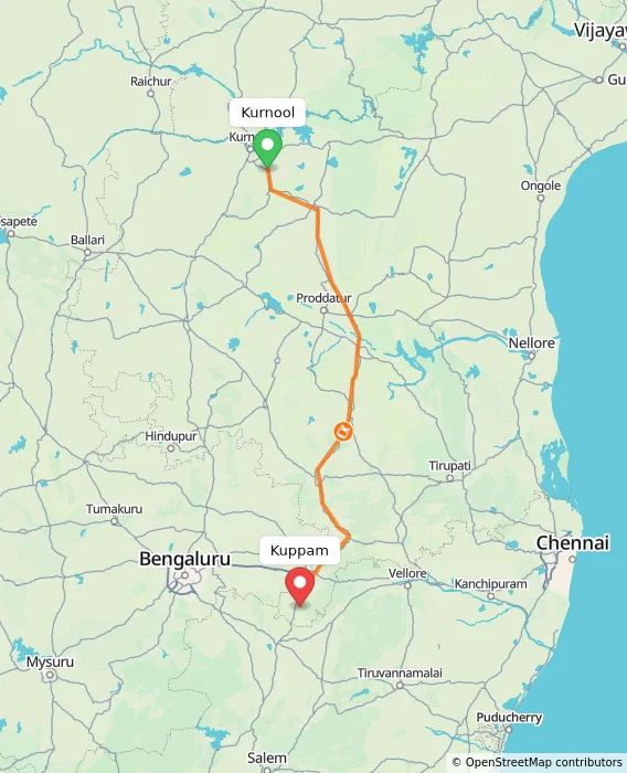 Route map showing distance and travel time from Kurnool, India to Kuppam, India