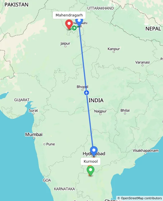 Route map showing distance and travel time from Kurnool, India to Mahendragarh, India