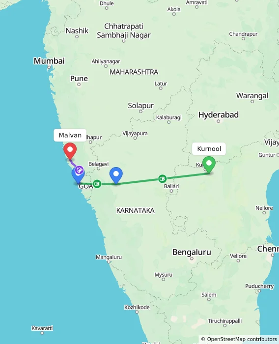 Route map showing distance and travel time from Kurnool, India to Malvan, India