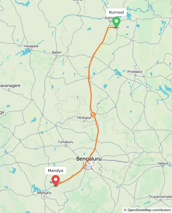 Route map showing distance and travel time from Kurnool, India to Mandya, India