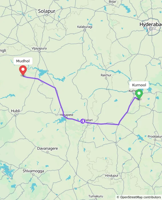 Route map showing distance and travel time from Kurnool, India to Mudhol, India