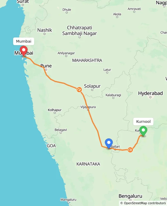 Route map showing distance and travel time from Kurnool, India to Mumbai, India