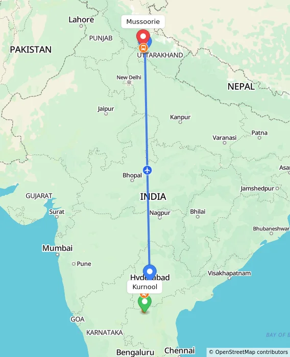 Route map showing distance and travel time from Kurnool, India to Mussoorie, India