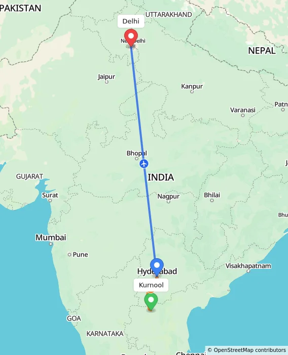 Route map showing distance and travel time from Kurnool, India to Delhi, India