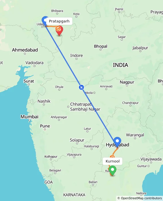Route map showing distance and travel time from Kurnool, India to Pratapgarh, India