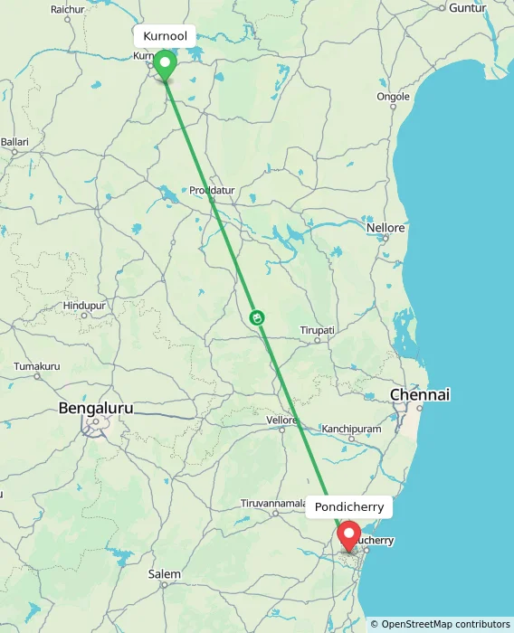 Route map showing distance and travel time from Kurnool, India to Puducherry, India
