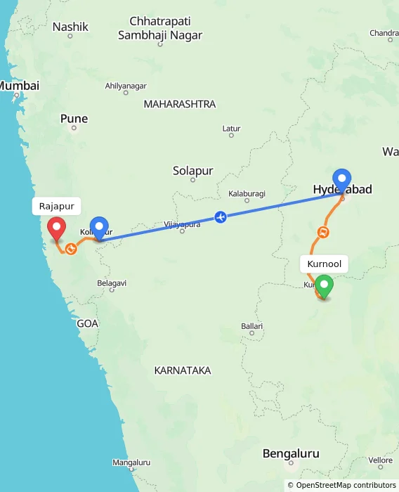 Route map showing distance and travel time from Kurnool, India to Rajapur, India