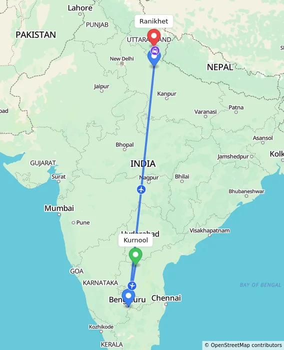 Route map showing distance and travel time from Kurnool, India to Ranikhet, India