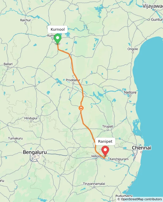 Route map showing distance and travel time from Kurnool, India to Ranipet, India