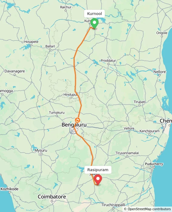 Route map showing distance and travel time from Kurnool, India to Rasipuram, India