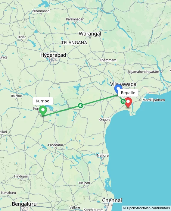 Route map showing distance and travel time from Kurnool, India to Repalle, India