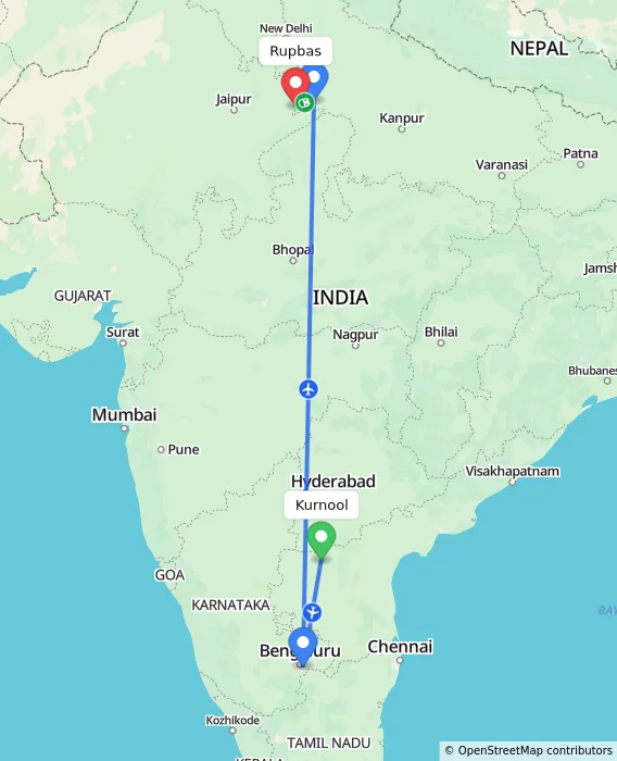 Route map showing distance and travel time from Kurnool, India to Rupbas, India