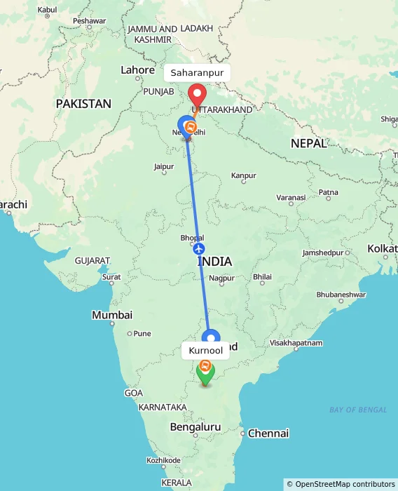 Route map showing distance and travel time from Kurnool, India to Saharanpur, India