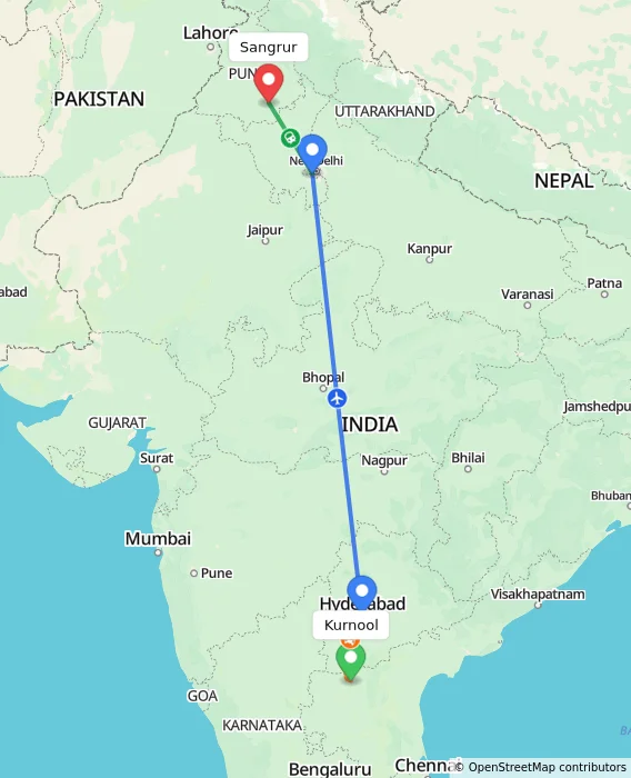Route map showing distance and travel time from Kurnool, India to Sangrur, India