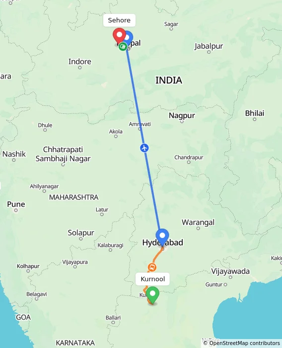 Route map showing distance and travel time from Kurnool, India to Sehore, India