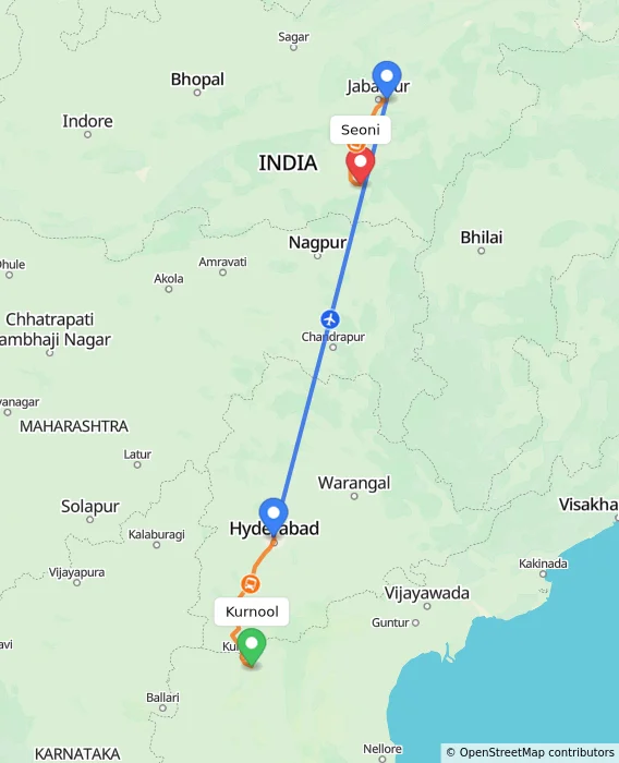Route map showing distance and travel time from Kurnool, India to Seoni, India