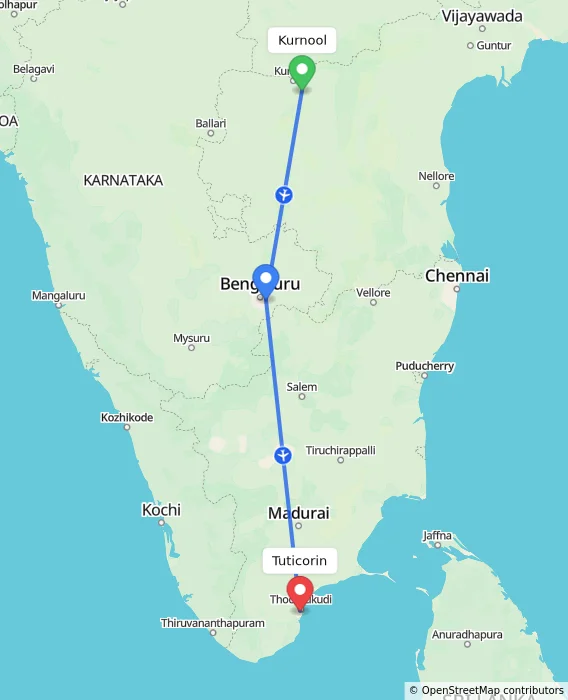 Route map showing distance and travel time from Kurnool, India to Tuticorin, India