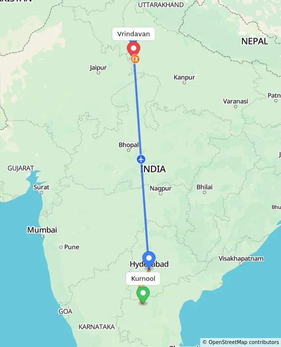Route map showing distance and travel time from Kurnool, India to Vrindavan, India