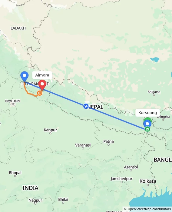Route map showing distance and travel time from Kurseong, India to Almora, India