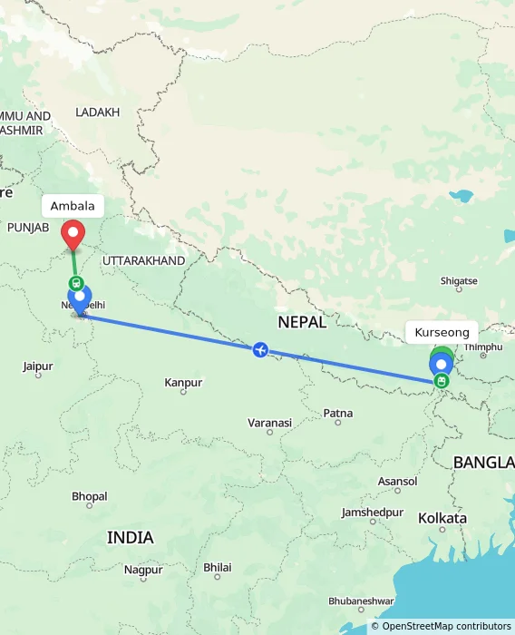 Route map showing distance and travel time from Kurseong, India to Ambala, India