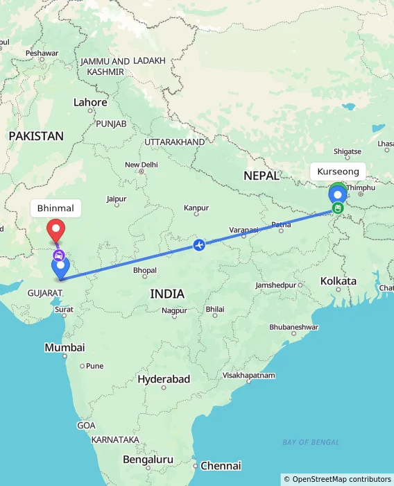 Route map showing distance and travel time from Kurseong, India to Bhinmal, India