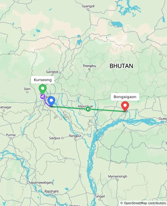 Route map showing distance and travel time from Kurseong, India to Bongaigaon, India