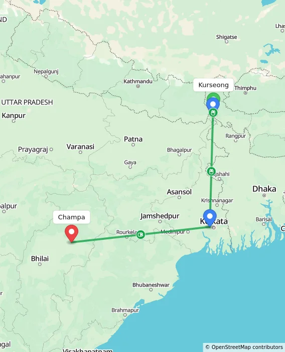 Route map showing distance and travel time from Kurseong, India to Champa, India