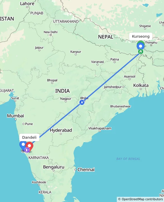 Route map showing distance and travel time from Kurseong, India to Dandeli, India