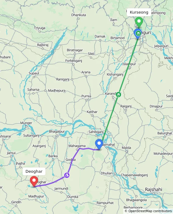 Route map showing distance and travel time from Kurseong, India to Deoghar, India