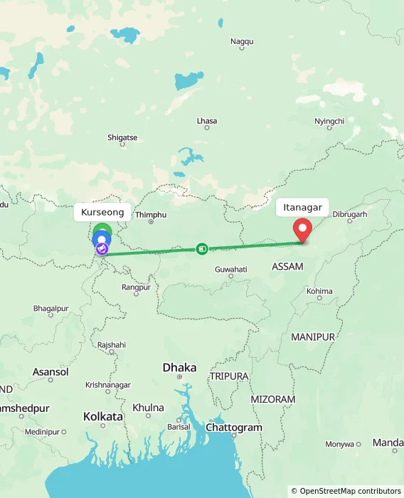 Route map showing distance and travel time from Kurseong, India to Itanagar, India