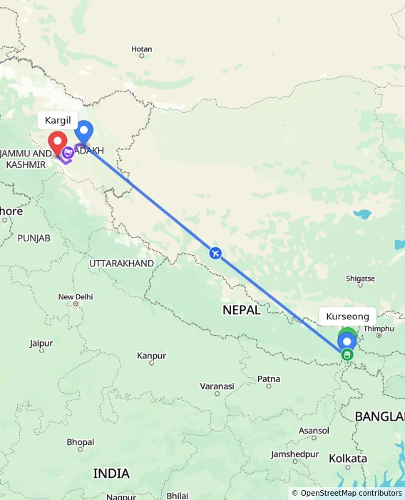 Route map showing distance and travel time from Kurseong, India to Kargil, India