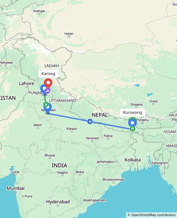 Route map showing distance and travel time from Kurseong, India to Karsog, India