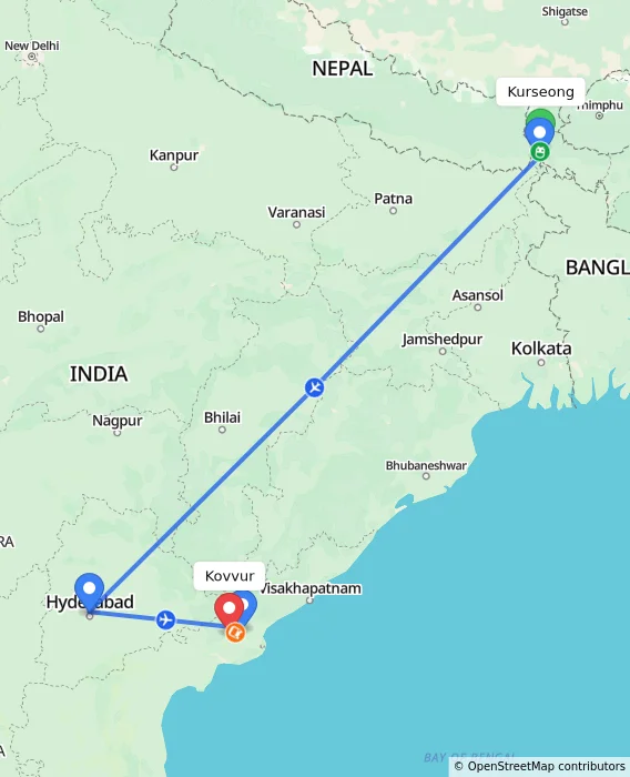 Route map showing distance and travel time from Kurseong, India to Kovvur, India