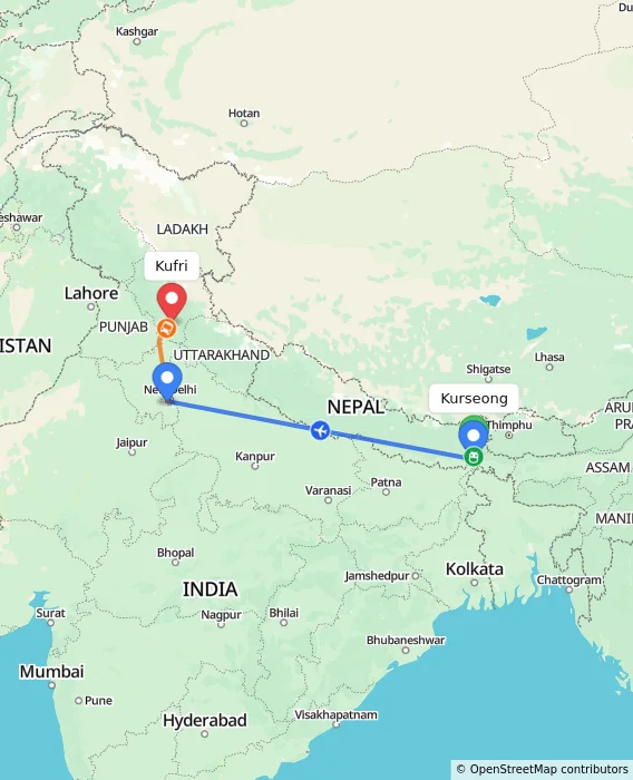Route map showing distance and travel time from Kurseong, India to Kufri, India
